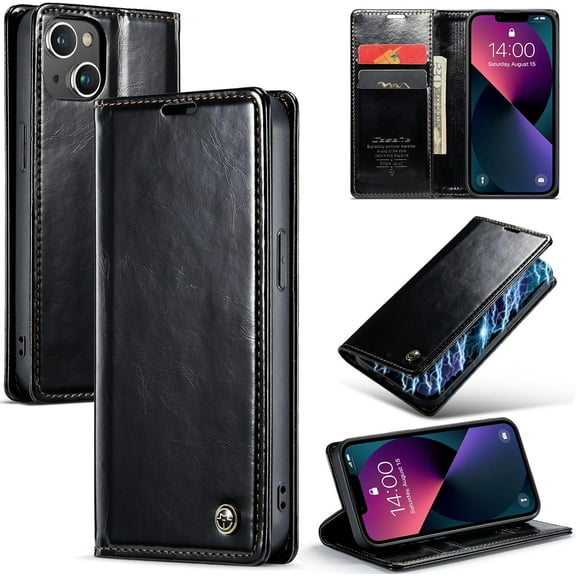 Leather Case for iPhone 14 Plus Card Slot Folio Flip Wallet Case for iPhone 14 Plus Premium PU Magnetic Kickstand Cover Soft TPU Inner Case Black
