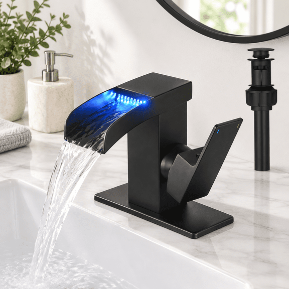 Led Waterfall Black Bathroom Faucet Sink For Vanity
