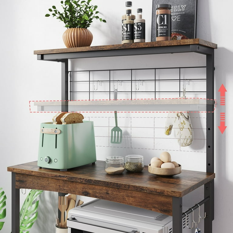 Bestier 3-Tier Baker's Rack with Cabinet, Kitchen Storage Shelves,  Microwave Oven Stand, Coffee Bar with Hooks in Rustic