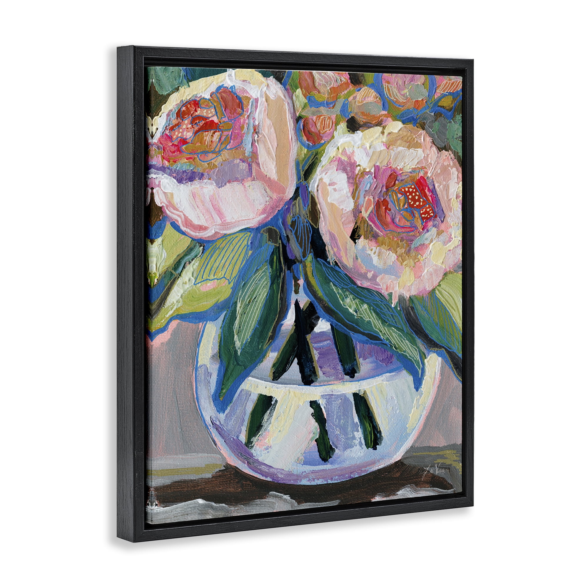 Stupell Industries Gifted Pink Peonies Plants & Flowers Painting Black Floater Framed Canvas Art Print Wall Art, 25 x 31