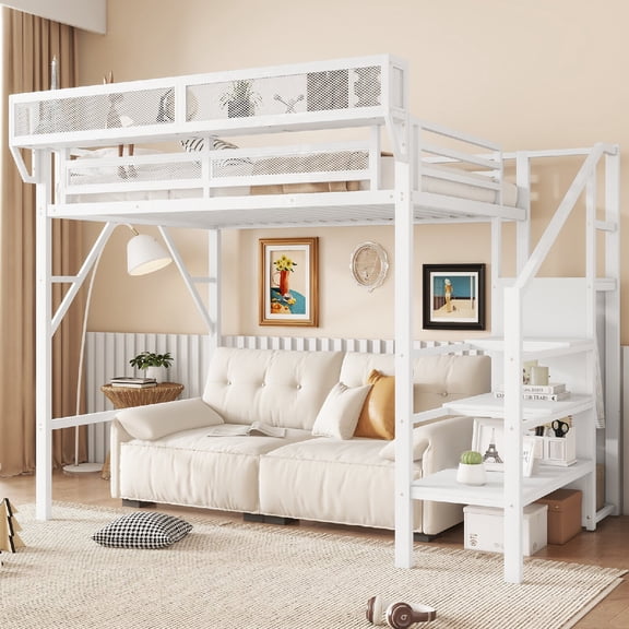 Twin Size Loft Bed  Frame with Storage Shelves and Wardrobe, Heavy Duty High Metal Loft Bed  with Stairs and Underbed Space for Bedroom, Apartment,Mattress not included, White