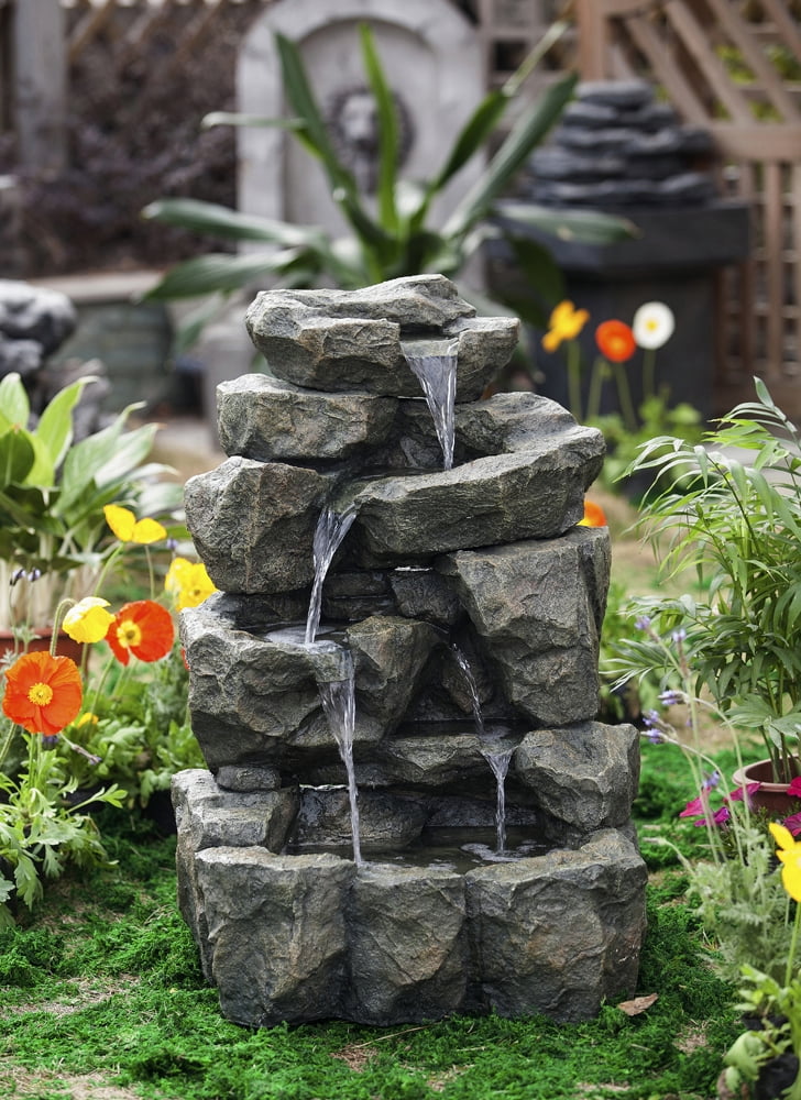 31.9” Staggered Rock Stone Waterfall Outdoor Patio Garden Water