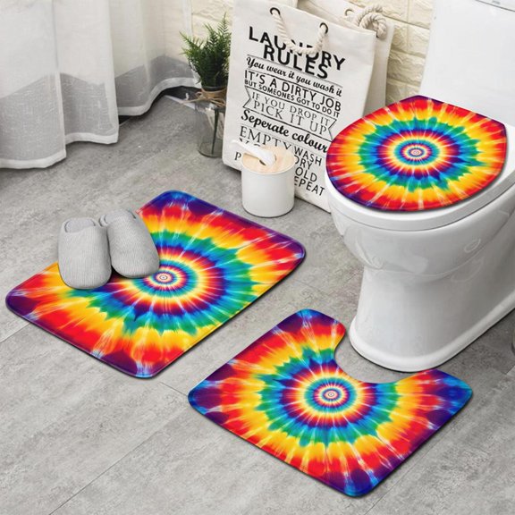 Colorful Rainbow Tie Dye Spiral Pattern Bathroom Rugs Sets 3 Piece,Toilet Cover Set,Absorbent Non Slip Bathroom Mats Sets with U-Shaped Contour Rug Toilet Rug Set