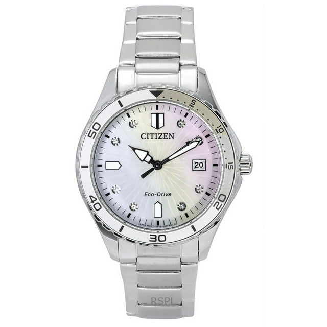 citizen marine eco-drive crystal accents stainless steel mother of pearl dial fe6170-88d 100m women's watch Reloj para mujer Citizen con caja y brazalete de acero inoxidable, esfera madreperla color crema con brillo iridiscente, marcadores horarios con cristales, bisel con marcadores numéricos cada 10 minutos, manecillas luminiscentes y ventana de fecha a las 3. Caliber J810; resistencia 100 m.