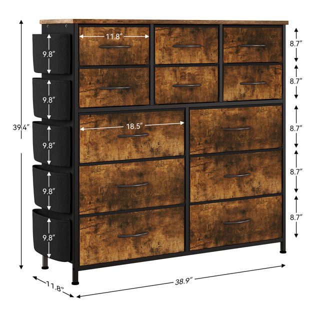 BeesClover Commode pour Chambre, Commode Haute de Rangement avec 12 Tiroirs et Poches Latérales, Organisateur de Commodes en Tissu