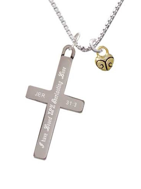 Goldtone Mini Scroll Heart - Everlasting Love - Cross Necklace