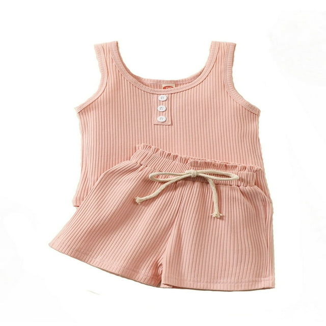 Baby Boys Girls Cotton Ribbed Shorts Set Toddler T-Shirt Tops with Elastic Pants Solid Clothes Outfit