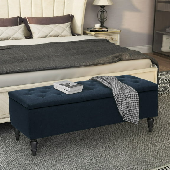 Abble  W 45 in. x H 17.3 in.Denim Blue Fabric Upholstered Indoor Use  Storage Bench with Button-Tufted Seat