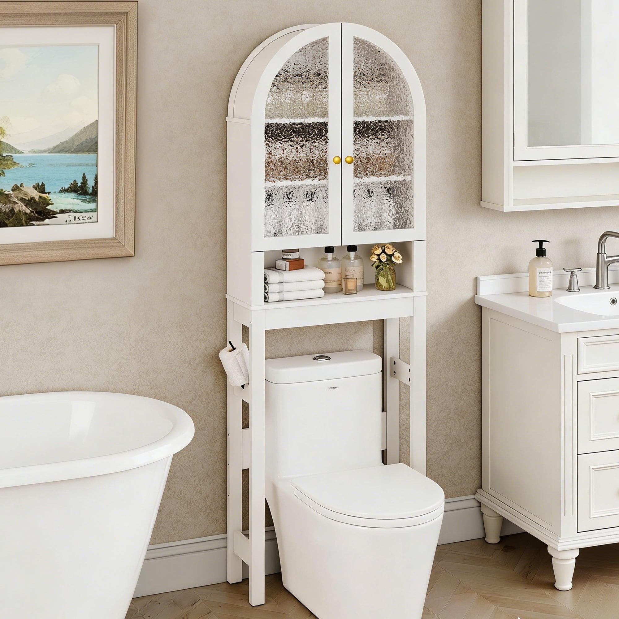 HMstone Over The Toilet Storage Cabinet, 23.7’’W Bathroom Storage Shelf Organizer with Acrylic Doors, Freestanding Above The Toilet Storage Cabinet with Adjustable Shelf for Bathroom, White