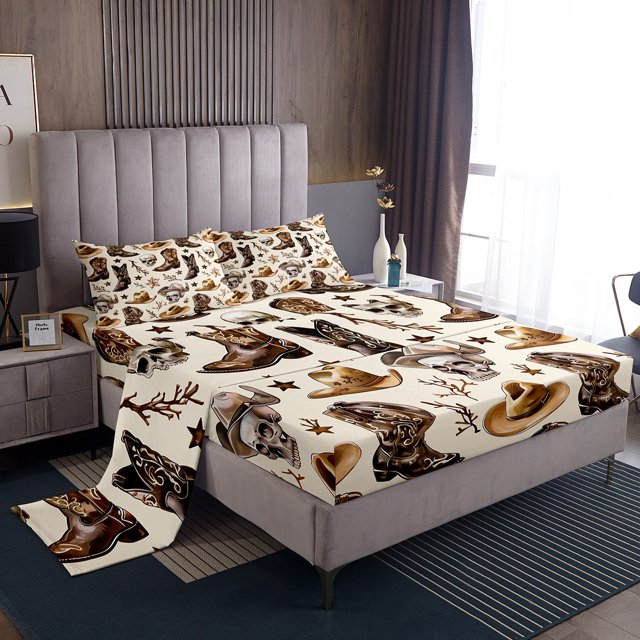Erosebridal Gothic Skull Sheet Set Full, Western Boot Bedding Sets Full Size, Rustic Room Decor 4 Pieces