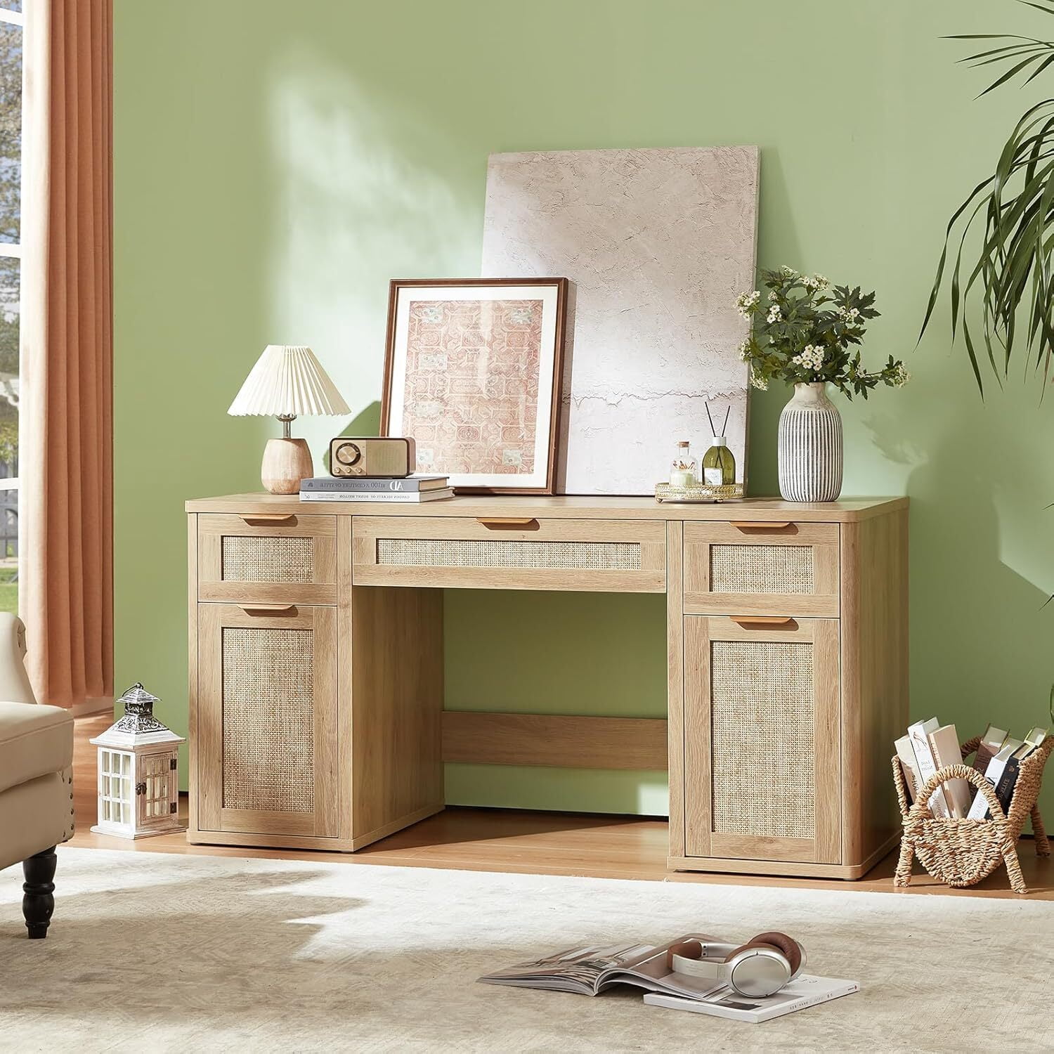 LEYAOYAO Office Desk 56" with 5 Drawers Storage File Cabinet Rattan Wood Desk for Computer Office Bedroom Home Furniture Natural Oak