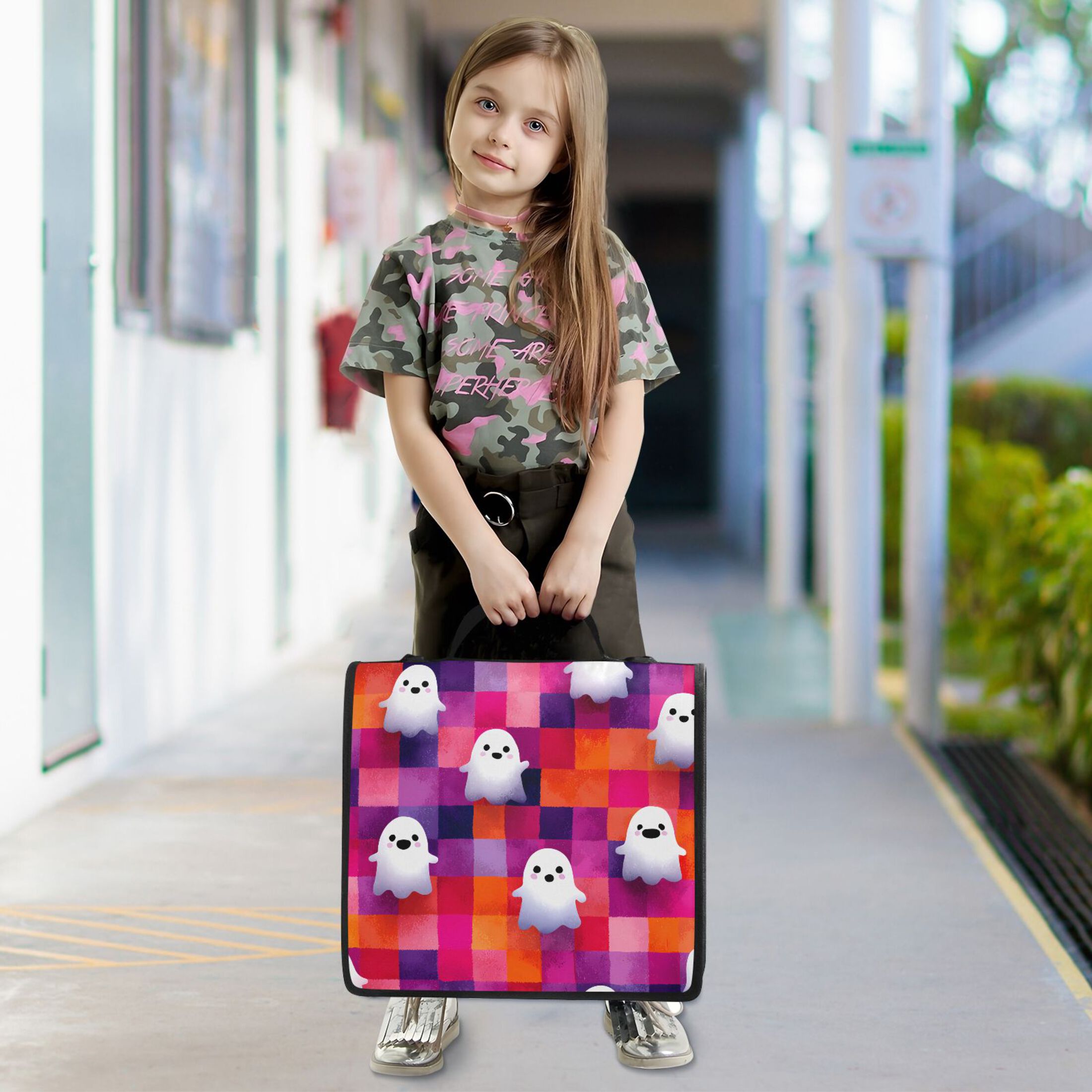 3 Ring Zipper Binder with Shoulder Strap Waterproof Trapper Keeper 2 Inch D-Ring 500 Sheets Capacity Cute Ghost on Checkered