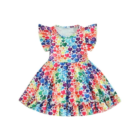 

Mevireiy Toddler Girl Valentines Dress Heart Print Casual Sundress Twirl Skater Dresses Multi-color 3-4 Years