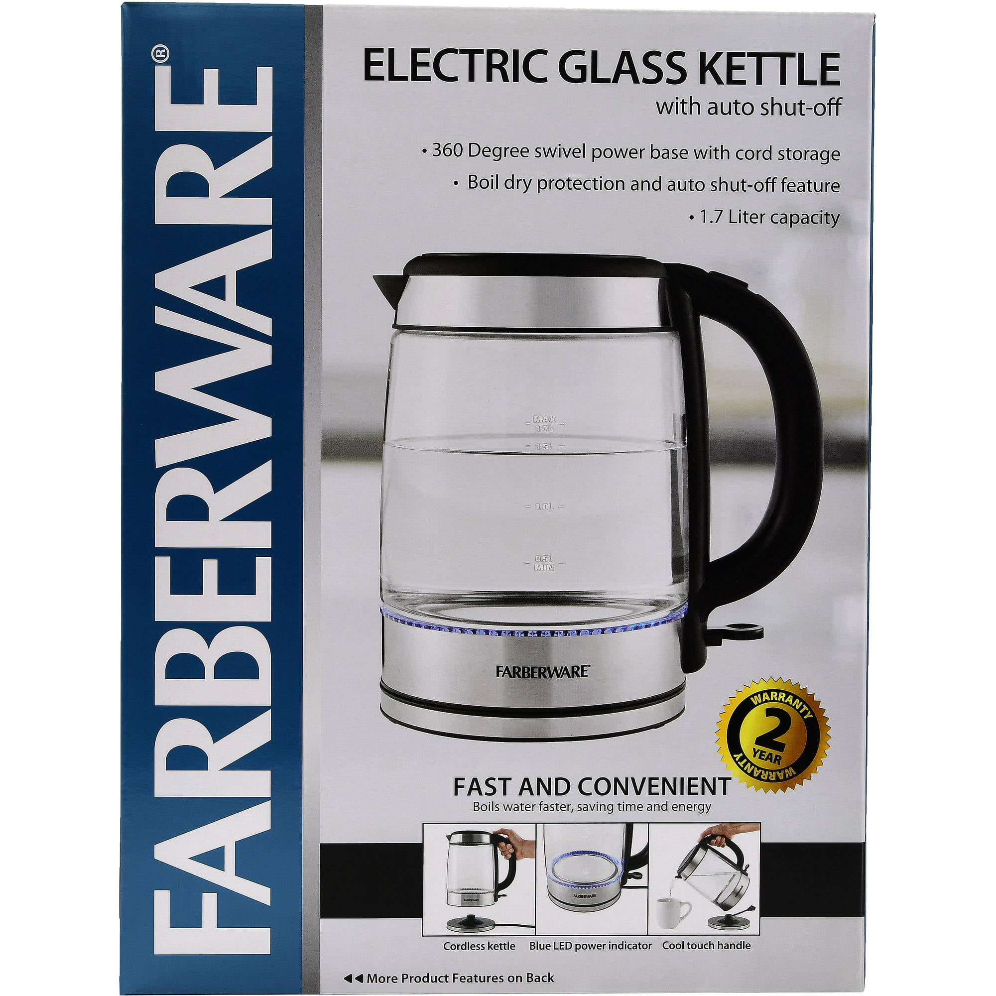 Farberware Electric Tea Pot Kettle 1.7L & Base- Works (blue light on)