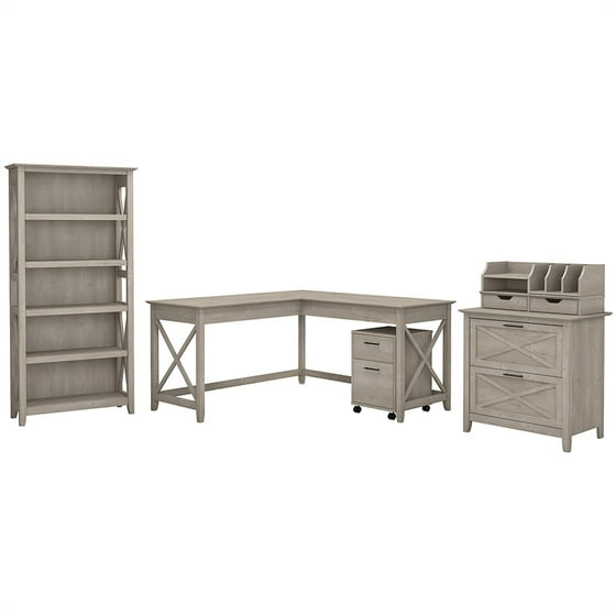 Bush Furniture Key West 60w L Shaped Desk Office Suite In Washed Gray
