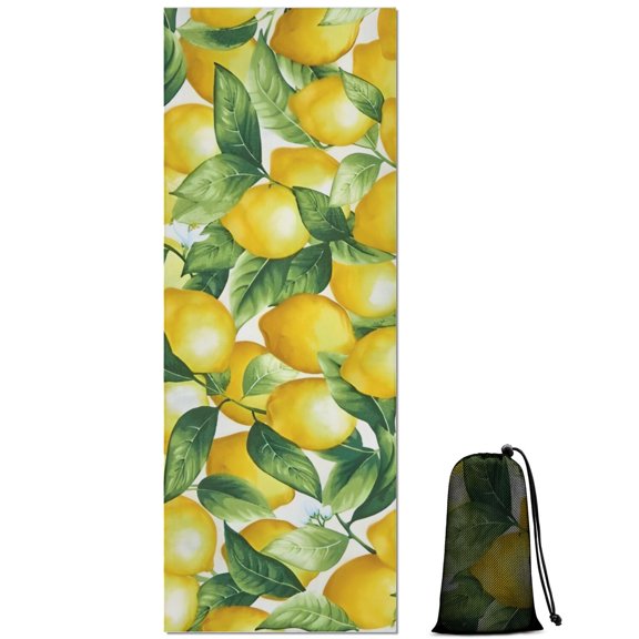 Yellow Lemon Fruit Leaves White Pattern Hot Yoga Mat Towel Non Slip for Hot Yoga - Quick-Drying Yoga Mat Cover with 4 Corner Pockets with Travel Bag - Hot Yoga Towel Non Slip 70"x26"