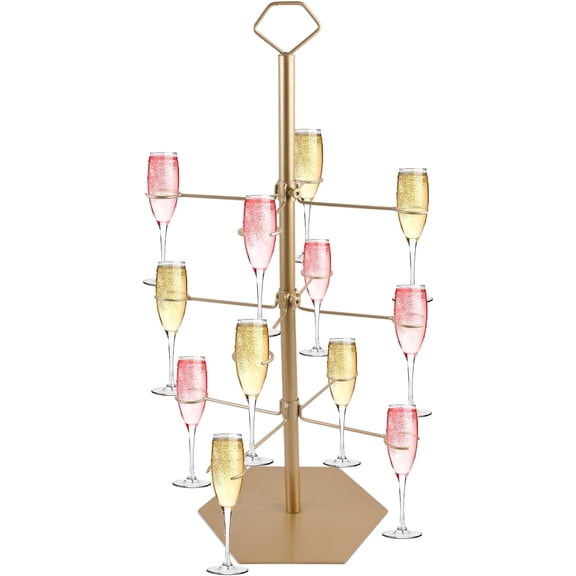 Wowhub 12 Drinks Cocktail Tree Stand, 3 Tier Metal Cocktail Tree Stand for Drinks for Martini, Margarita Cups Tasting Wedding Bridal Shower Party, Gold