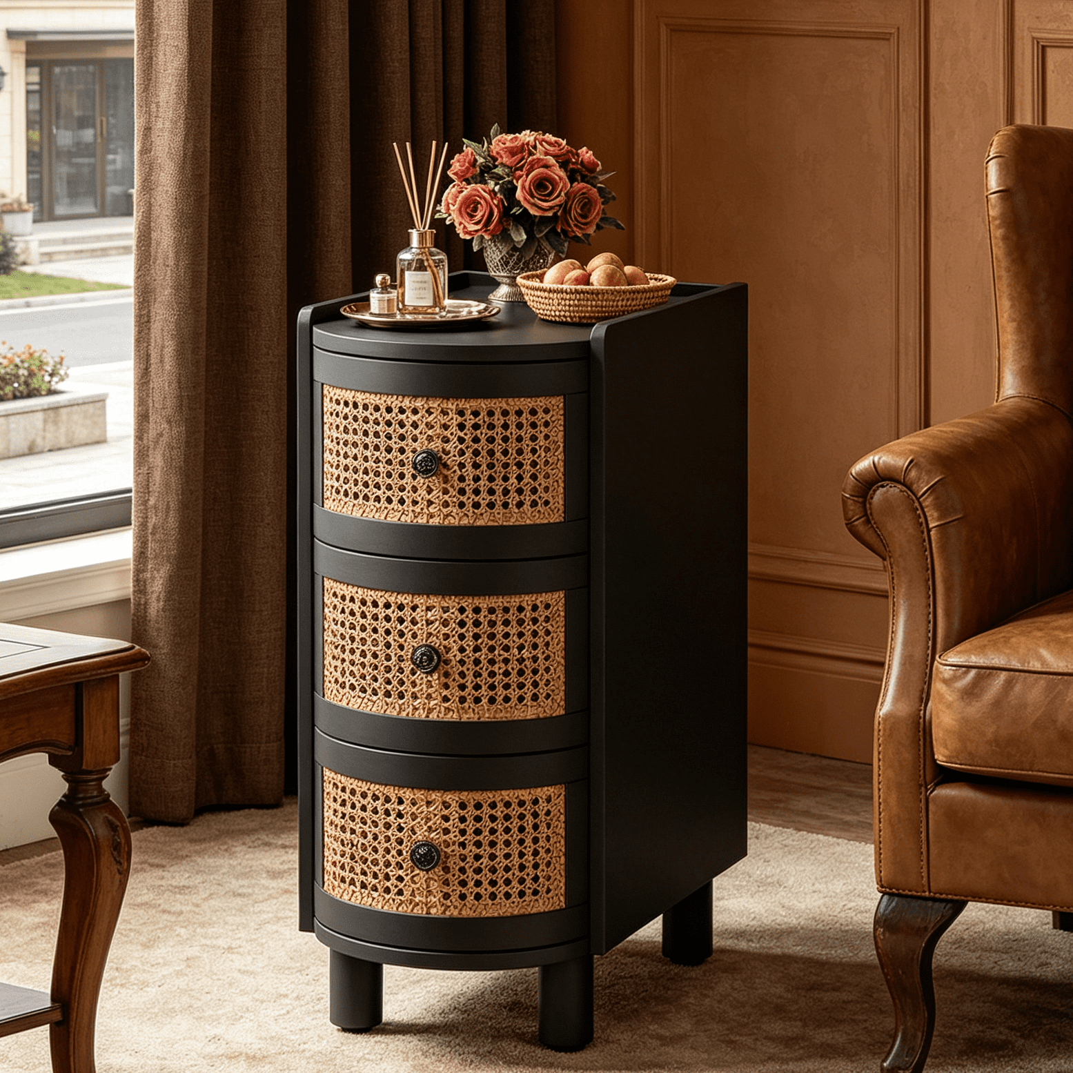 Fnova 26" Solid Wood End Table, Farmhouse Side Table with 3 Rattan Drawers, Slim Sofa Table Nightstand with Vintage Embossed Handles for Living Room, Bedroom, Finished Back, No Assembly