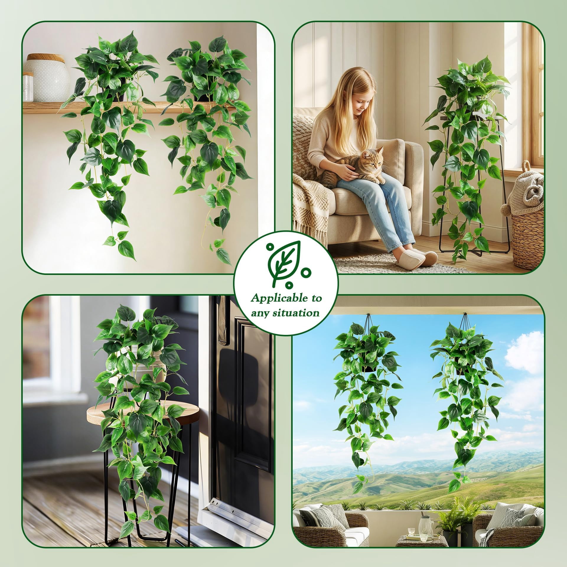 Fake Hanging Plants with Pots - Realistic Artificial Plant for Indoor Outdoor, 33In Silk Fake Potted Plants, 2PC Faux Ivy Vine for Shelf Tabletop Office Decor, Dark Green