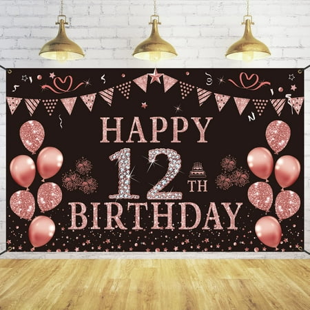 

Trgowaul Happy 12th Birthday Decorations for Girls - Pink Rose Gold 12 Birthday Backdrop Banner，Twel