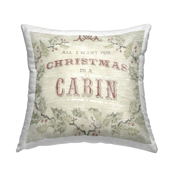 Stupell Industries Christmas Cabin Phrase Rustic Holly Wreath Design by June Erica Vess Throw Pillow