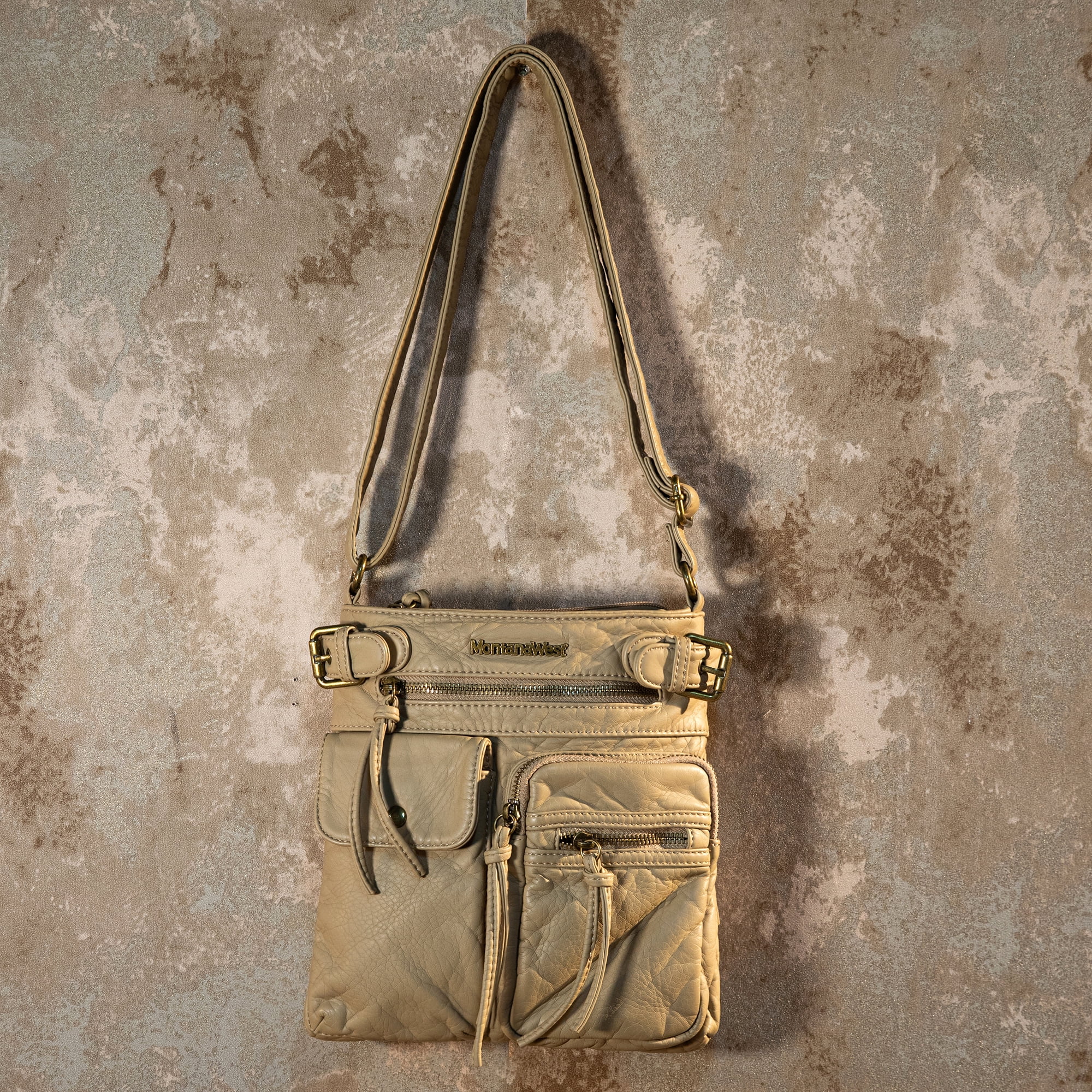 Montana West Crossbody Bag for Women Soft Washed Leather Multi Pocket Shoulder Purses, Beige