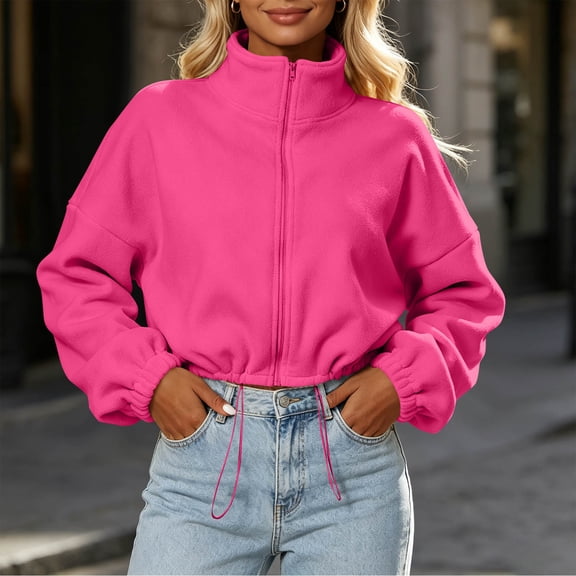 Women's Cropped Stand Collar Zip-Up Jacket with Drawstring Hem Lightweight Casual Plus Size Coat