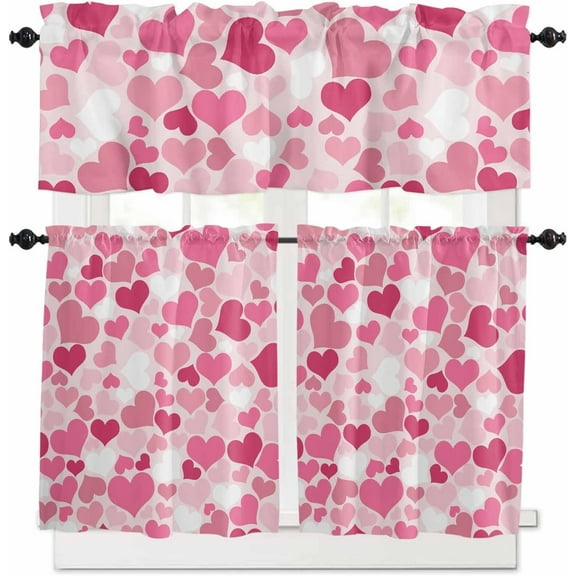 Pink Valentine''s Day Kitchen Curtains Set Small Half Curtains 24 Inches Length, Pink Ombre Love Heart Rod Pocket Window Treatment Bedroom Tiers and Valance Set for Cafe Bathroom