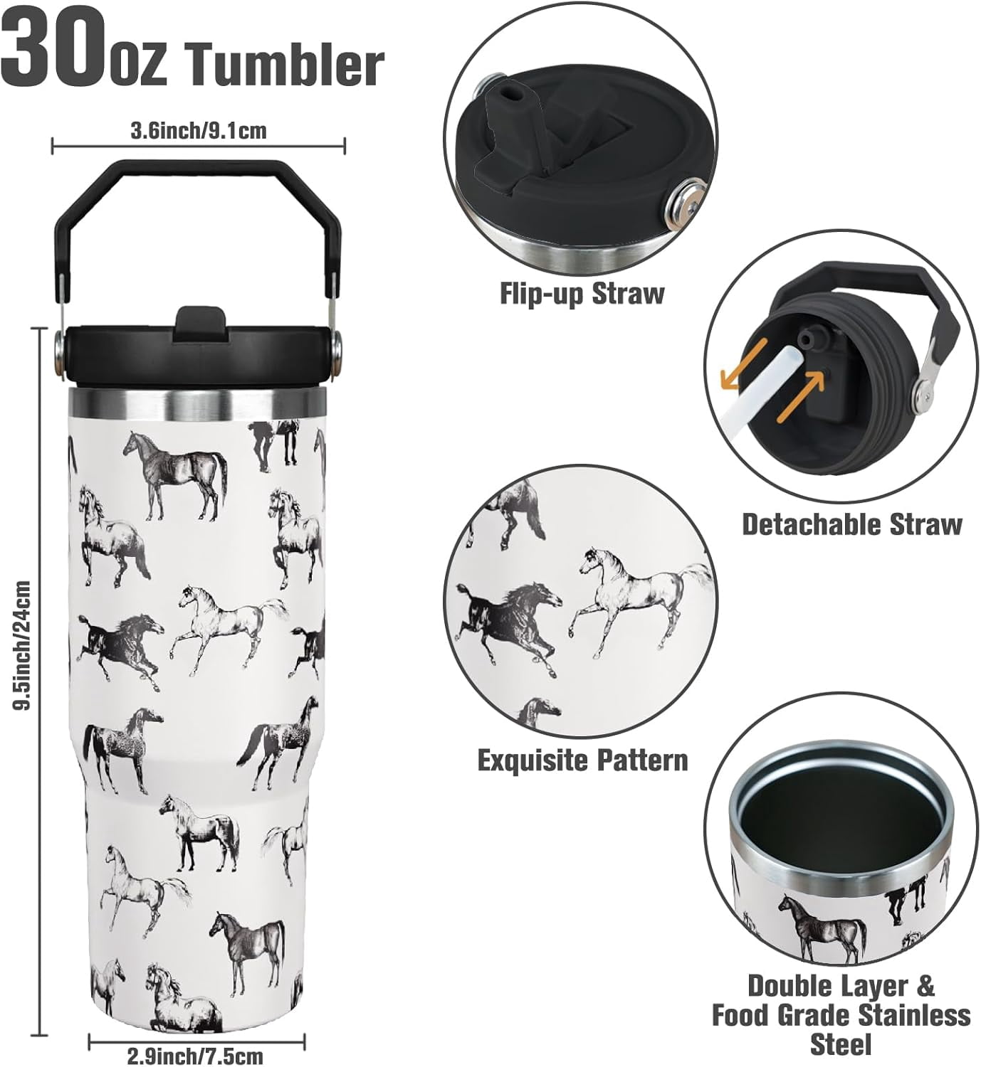 30 oz Horse Tumbler With Handle and Straw, 30oz Flip Straw Tumbler Insulated Coffee Travel Mugs Cup Water Bottle Gifts for Horse Lovers Women Girls