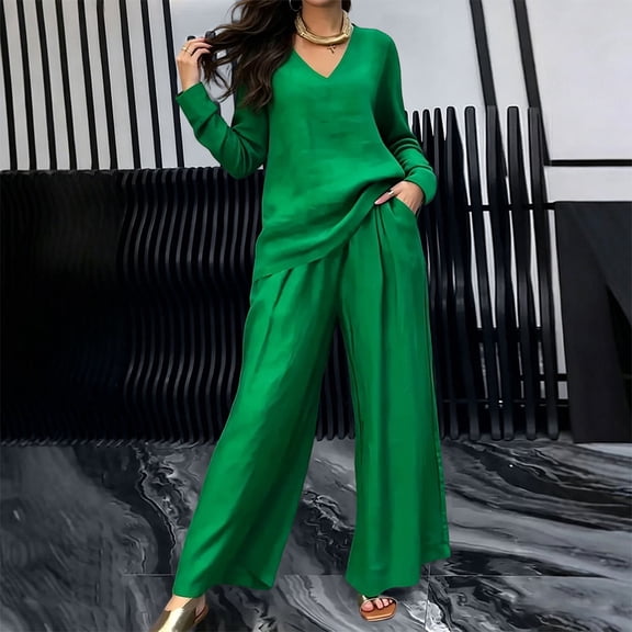 Guieoi Matching Outfits for Women Solid-Color Long-Sleeve V-Neck Loose-Fit Pants Set Green XXL