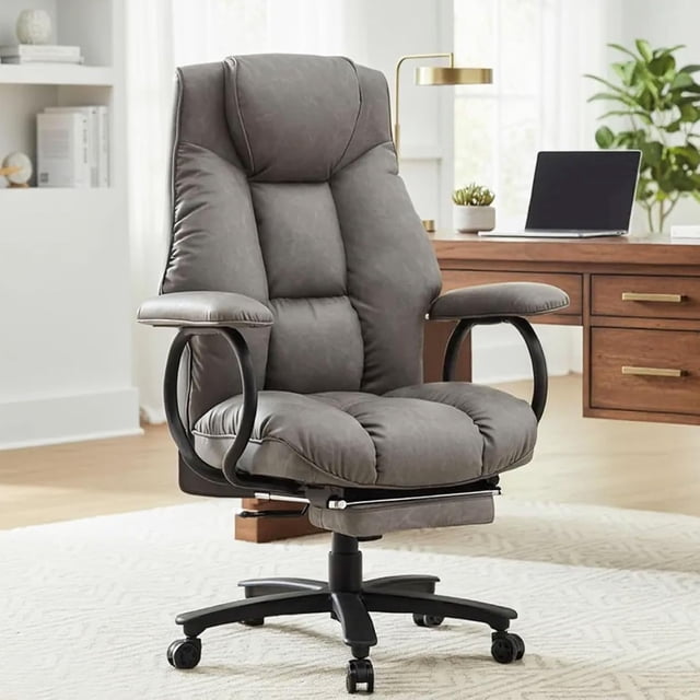 Big and Tall Office Chair X-Embroidery PU Leather Home Chair Adjustable Back Computer Gaming Chair Swivel Executive Office Chair with Footrest and Lumbar Support Grey