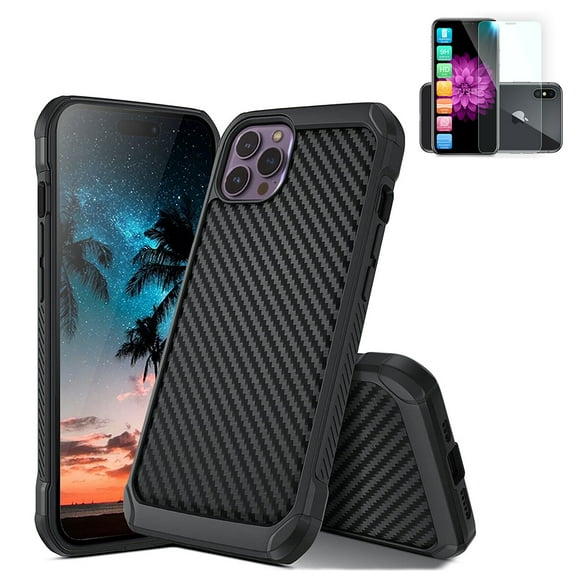 Black Phone Case Hybrid Shock Absorbing Carbon Fiber Hard Case Compatible with iPhone 14/Plus/Pro/Max