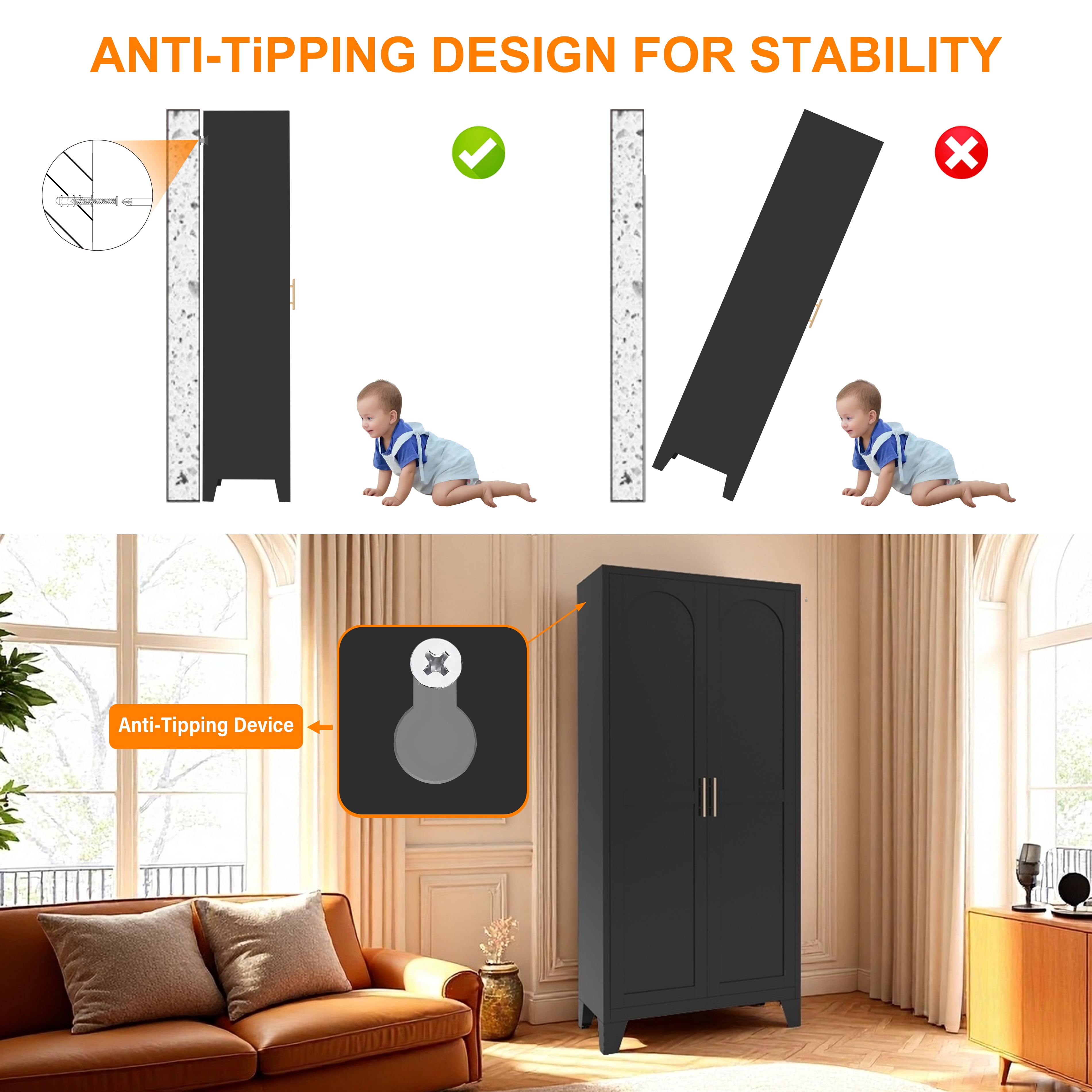 avobird 61'' 2 Shapely Doors Cabinet, Metal Storage Cabinet with Doors and Adjustable Shelves, for Bedroom, Living Room, Kitchen, Black