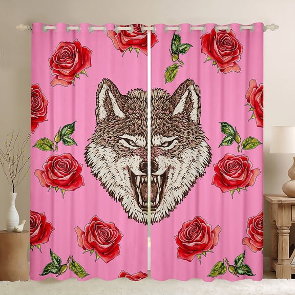 Feelyou Rustic Wolf Wildlife Black Out Curtains, Fashion Red Rose Floral Curtains Pack of 2 (42x63 Each), Teens Kids Boys Girls Bedroom Curtains, Blackout Curtains Bedroom Decor