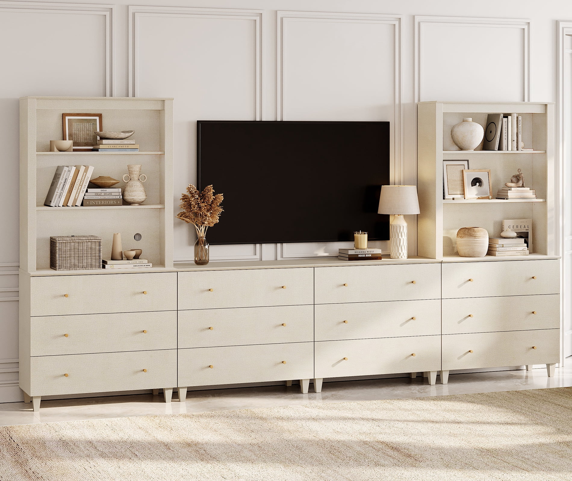 WAMPAT Entertainment Center and Side Table Set of 3, Modern Wooden TV Stand for 75" TV with Drawers and Open Shelves, 2 Charging End Tables for Living Room, Beige