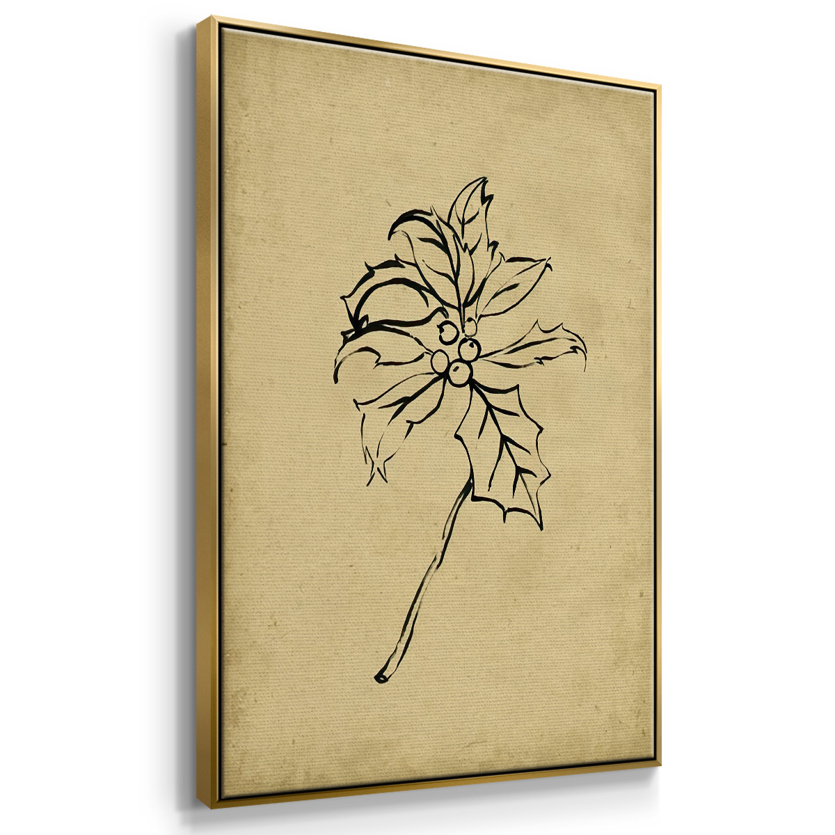 Holly Branch II - Framed Gallery Wrapped Holiday Canvas - 25 x 37 - Gold Frame
