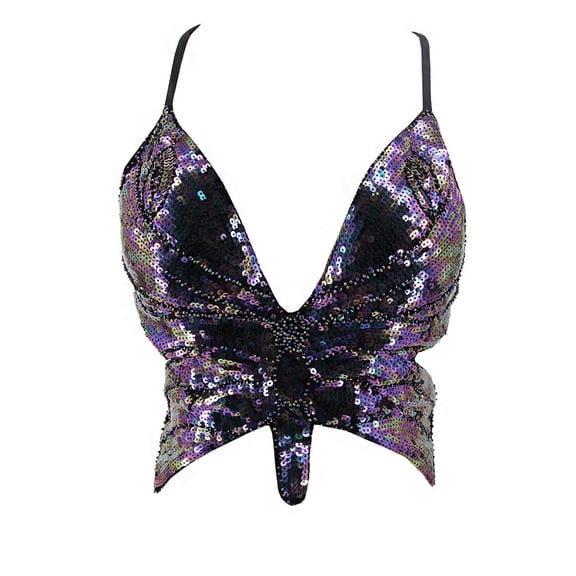 WNEGSTG Women Glitter Sequined Butterfly Crop Top Halter Backless Club Party Night Out Tank Top Black