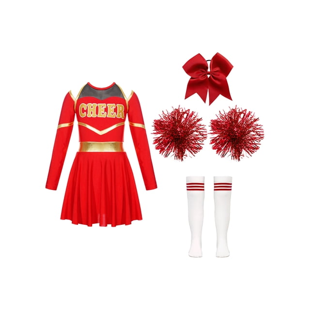 Rswnyirn Tenues de Cheerleading pour Filles Robe Justaucorps à Manches Longues avec Pompons Rouge 8