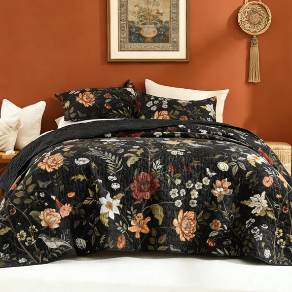 Floral Black Quilt Set Queen Size