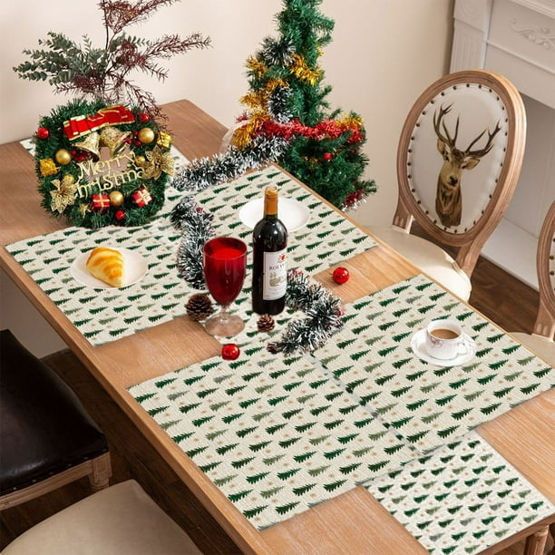 Manteles Individuales Navideños con Banderines de Mesa Estampados En Lino | Decoración Navideña | Juego de 5 Piezas Multicolor de Poliéster | 180 X 33 Cm | Diseño con Copos de Nieve, Árboles y Papá N