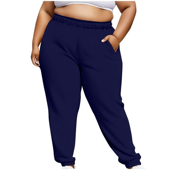 Women's Plus Size Sweatpants Fashion Solid Color Elastic Waist Baggy Comfy Casual Jogger Pants with Pockets Dark Blue 4X-Large