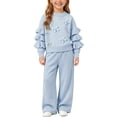 thumbnail image 2 of BLVB Toddler Baby Girls 2 Pieces Outfits Lounge Set Knit Ruffle Long Sleeve Sweaters Long Pants Kids Cozy Sweater Sets 1-8 Years(Sky Blue,1-2 Years), 2 of 5