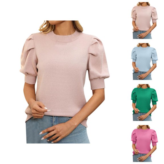 Sweater Vest for Women Boatneck Elegant Top for a Sophisticated Look Casual Women's Short Sleeve Sweater With Round Neck And Puff Sleeves Solid Color Knit Top
