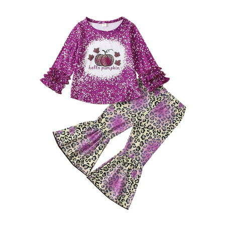 

nsendm Kids Sweatpants Girls Toddler Kids Girls Outfit Halloween Letters Prints Long Sleeves Tops Leopard Bell 6 Set Purple 12-18 Months