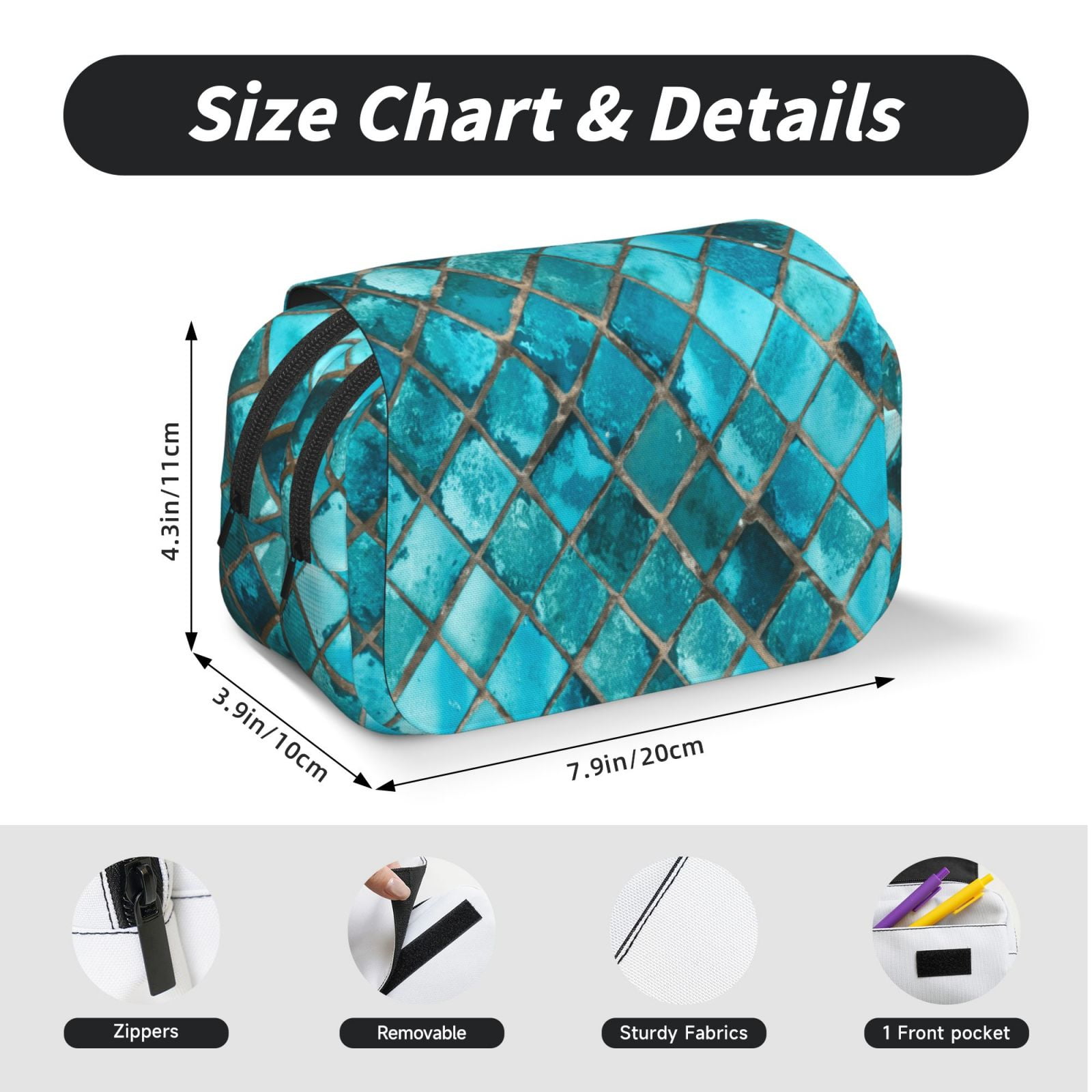 Rateoe Square Glass Mosaic Pattern Double Clamshell Pen Case, Storage Organizer with Two Zipper Compartments– Holds Up to 50 Pencils & Pens