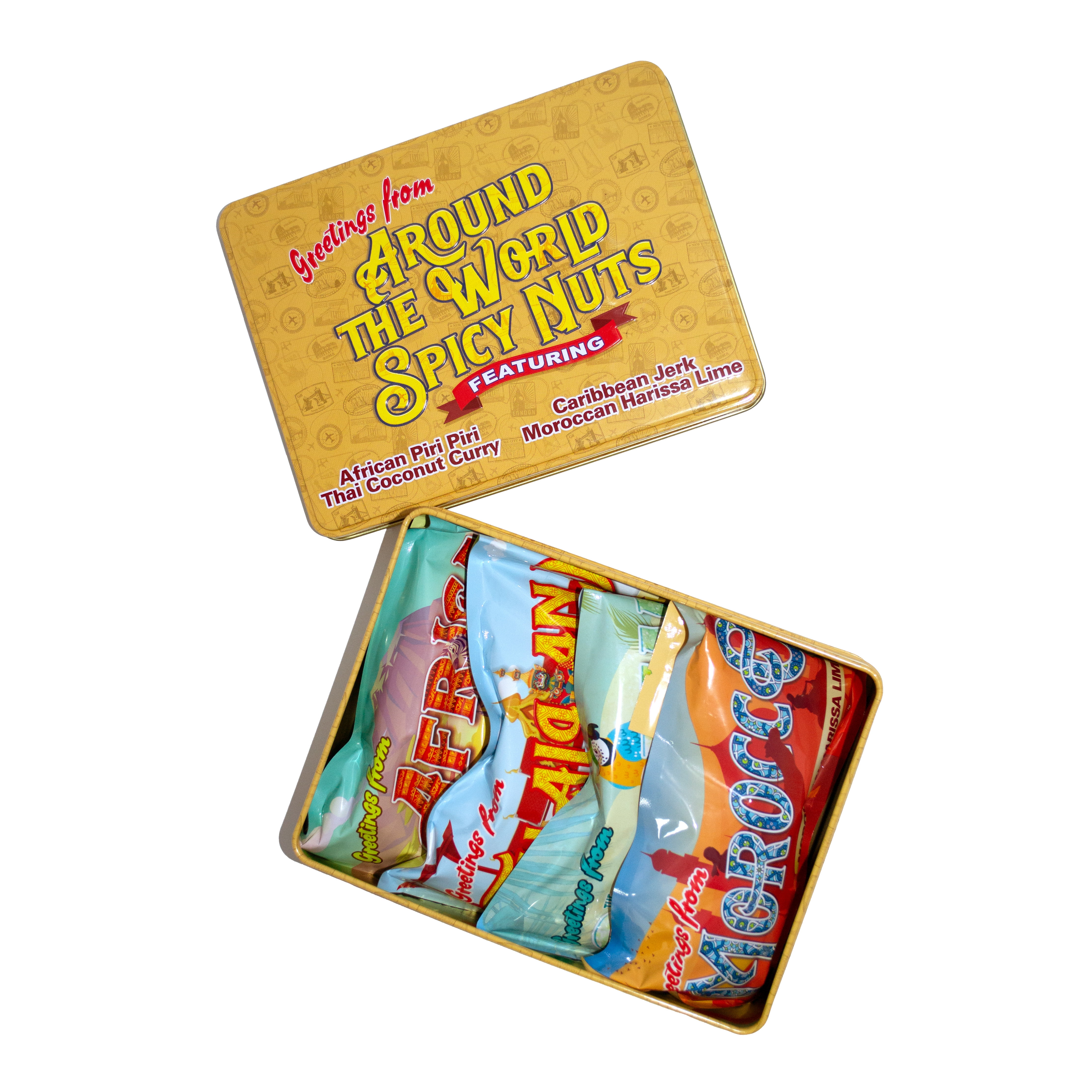 Sugar Plum Chocolates Around the World Tin Spicy Mixed Nuts Snack Assortment 4 Count 12 fl oz - Father's Day Gift