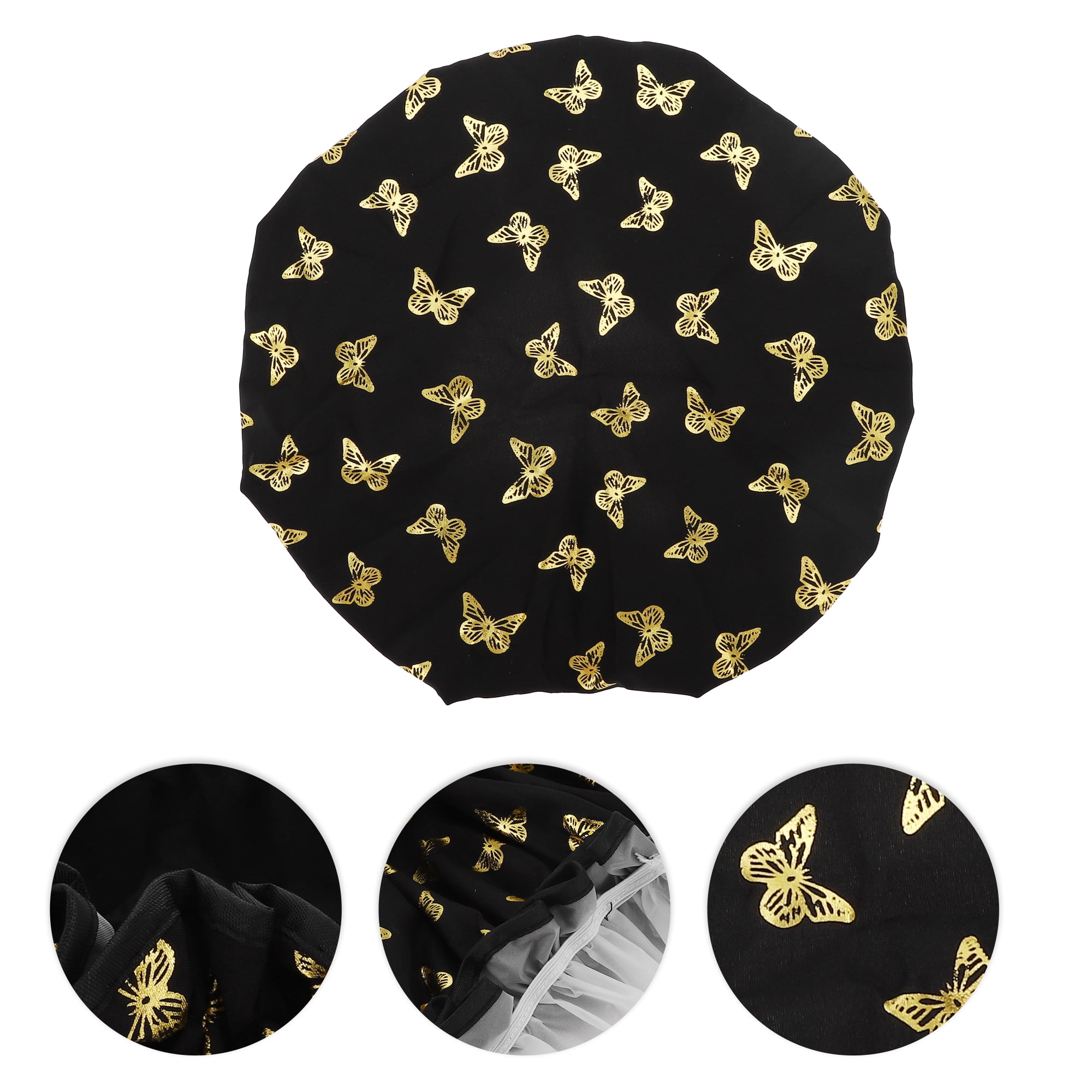 Unique Bargains Women Gold Butterfly Shower Cap 3 Pcs Black Butterfly