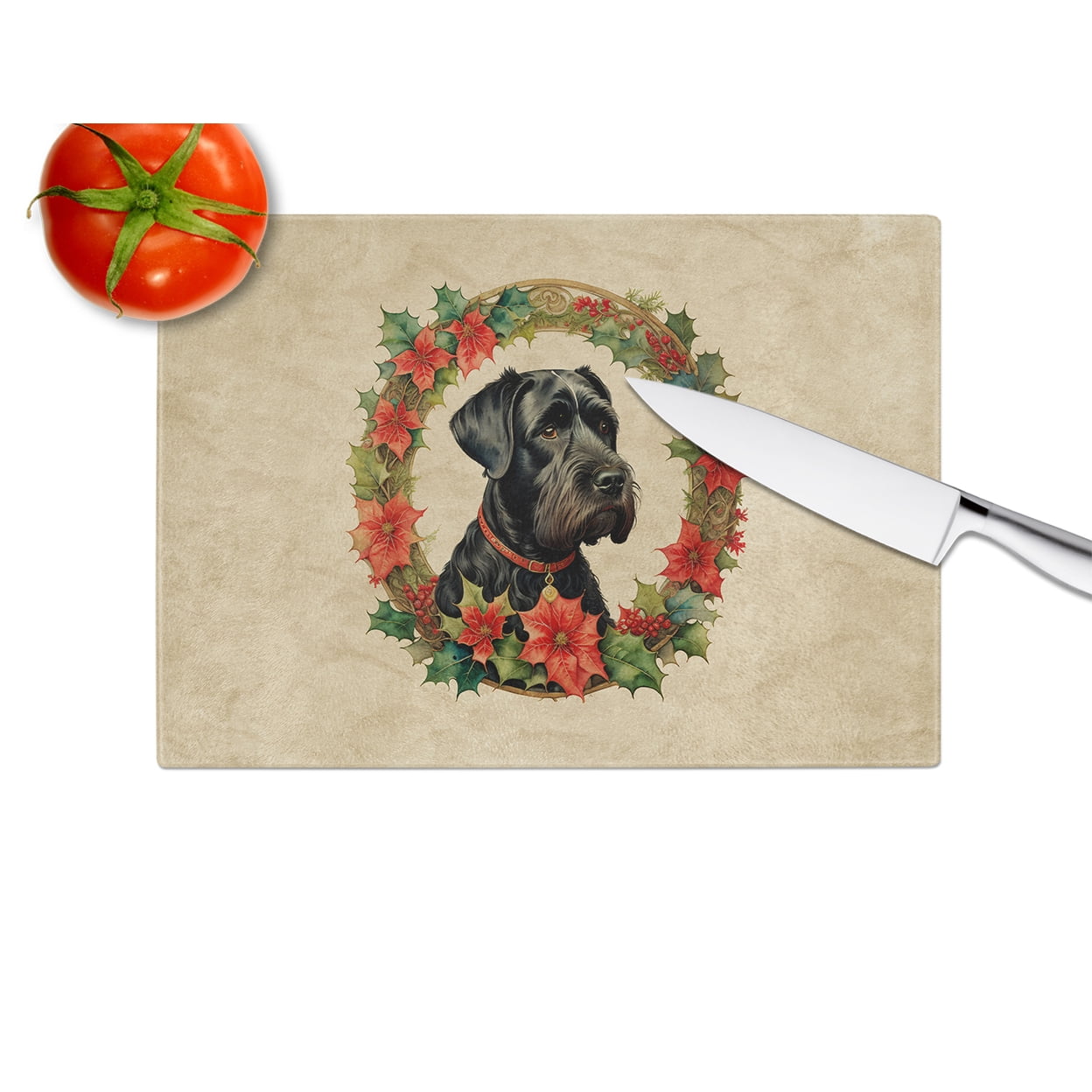Giant Schnauzer Christmas Flowers Glass Cutting Board 12 in x 15 in