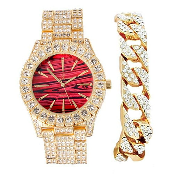 Charles Ryamond Mens Silver Big Rocks Blinged out with Roman Numerals Iced Out Hip Hop Colorful Dial Wriswatch w/Bling'ed Out Cuban Shiny Silver Bracelet - ST10327 RN Cuban (ST10236MarbleRed Gld)