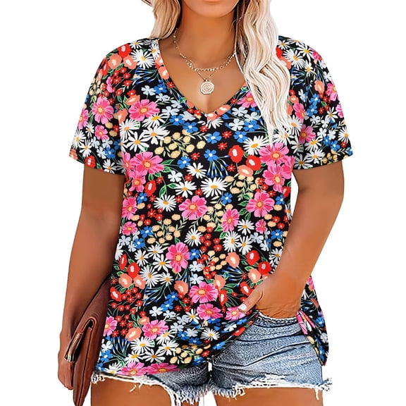 TIYOMI Plus Size Tops For Women Floral V Neck Pullover Graden Flower T-Shirts Short Sleeve Tunics Tee Summer Blouse XL 14W 16W